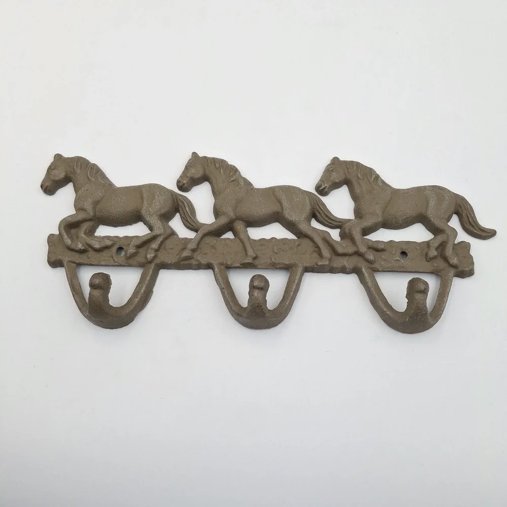 Vintage Rustic Cast Iron Running Horses Wall Hook Rack 3 Hook Western Decor 12